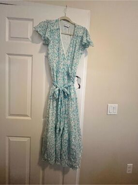 Tanya Taylor Mint Floral Wrap Maxi Dress with Tie Waist